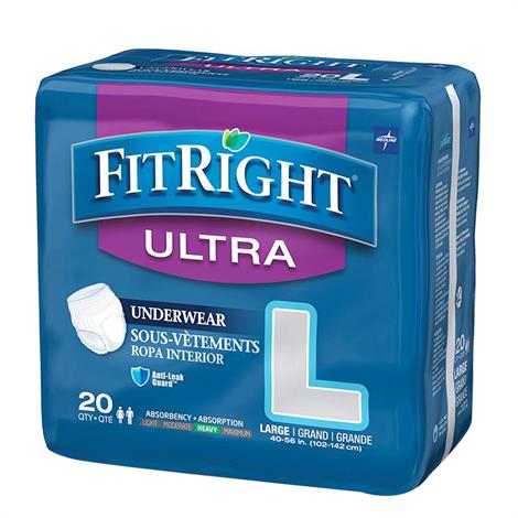 Medline FitRight Ultra Protective Underwear,Large,Fits Waist 40" - 56",Value Pack,Bundle of 5 (80/Case),FIT23505A