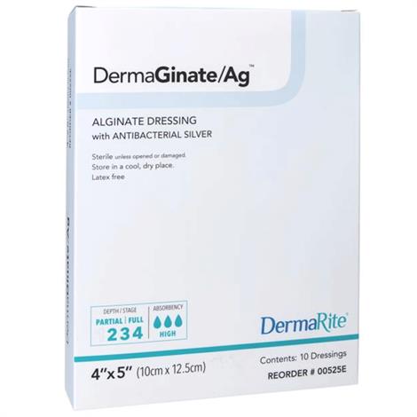DermaRite DermaGinate Ag Alginate Dressing with Antibacterial Silver,2" x 2",10/Pack,00520E
