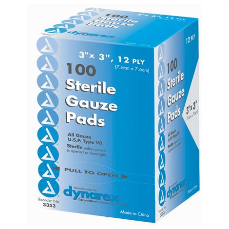 Dynarex Self-Adhering Sterile Gauze Pads,4" x 4",12ply,100/Pack,3354