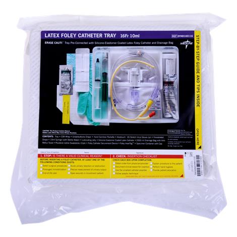 Medline Silicone Elastomer Coated Latex Erase Cauti Foley Catheter Tray,With 14FR Catheter,10/Pack,DYND160114