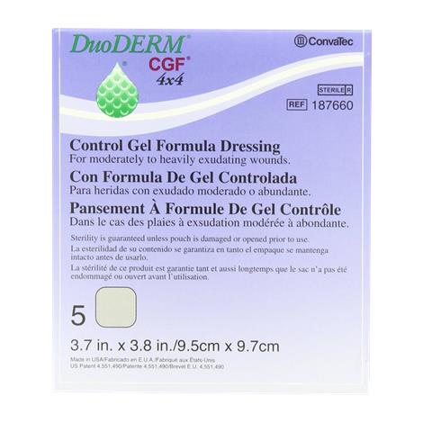 Convatec DuoDERM CGF Sterile Dressing,4" x 4",Square,Adhesive,20/Pack,5Pk/Case,187658