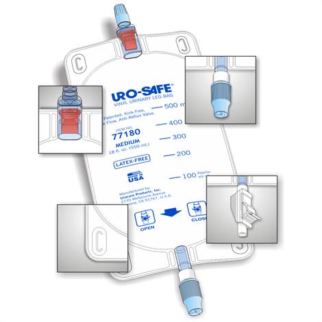 Urocare Uro-Safe Disposable Vinyl Urinary Leg Bags,Large,32oz,With Thumb Clamp,Semi-Transparent Front and Back,Each,76321
