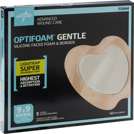 Medline Optifoam Gentle Sacrum Silicone Faced Foam and Border Dressing with Liquitrap Core,7" x 7" (17.8cm x 17.8cm),40/Case,MSC2377EP