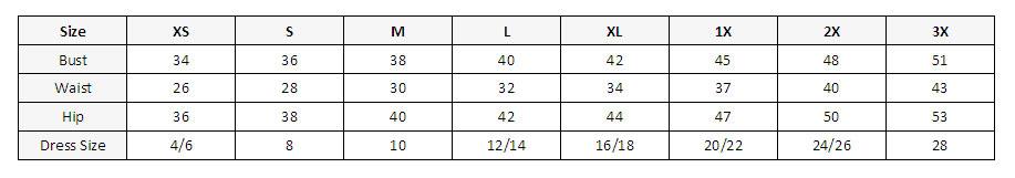 Camisole Size Chart